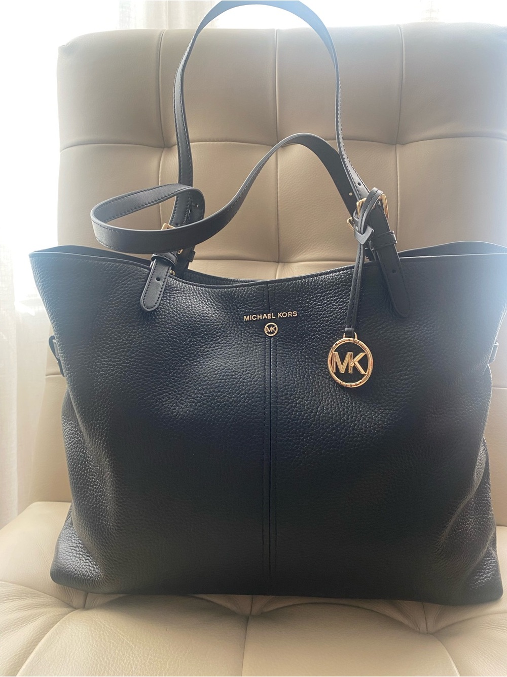 Michael Kors Black Leather Tote with Gold MK Charm